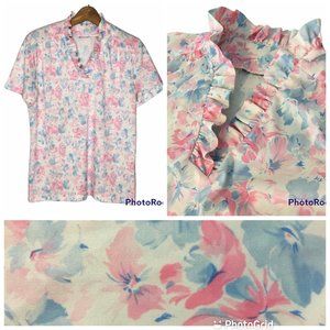 Vintage 70s 80s Pastel Ruffled Blouse Kawaii, Vintage Soft Girl Feminine Popover